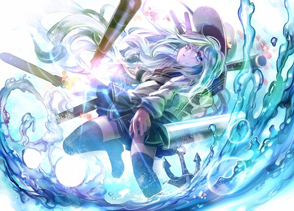 Anime picture 1000x717 with kantai collection hibiki destroyer torino aqua single long hair blue eyes white hair girl thighhighs skirt weapon black thighhighs petals water bubble (bubbles) sailor suit flat cap