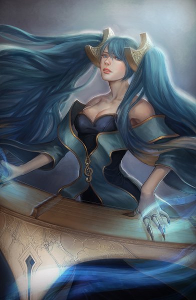 Anime picture 900x1380 with league of legends sona buvelle noa ikeda single long hair tall image looking at viewer breasts open mouth blue eyes simple background twintails bare shoulders aqua hair treble clef girl dress harp