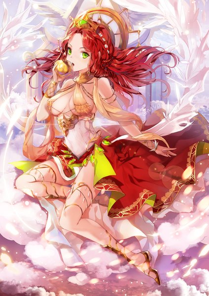 Anime picture 1100x1556 with original greek mythology hera (greek mythology) emyo single long hair tall image looking at viewer breasts open mouth light erotic sitting bare shoulders holding green eyes sky cloud (clouds) bent knee (knees) red hair braid (braids)