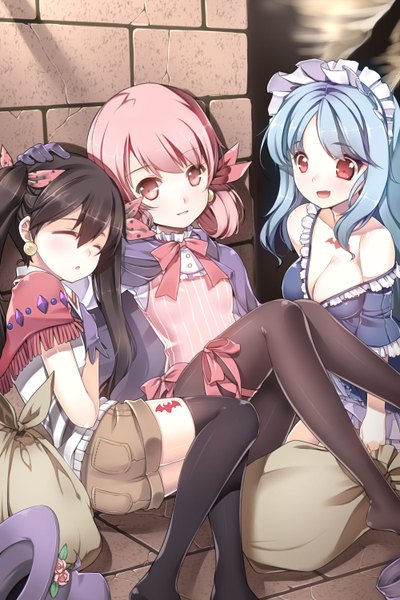 Anime picture 1000x1500 with sword girls crescent conundrum crescent maze crescent nazo kuro (kuronell) long hair tall image blush open mouth black hair red eyes sitting twintails multiple girls blue hair pink hair eyes closed pink eyes girl thighhighs