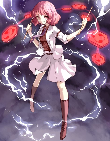 Anime picture 950x1210 with touhou horikawa raiko hillly (maiwetea) single tall image looking at viewer short hair smile pink hair pink eyes lightning electricity girl necktie knee boots drumsticks