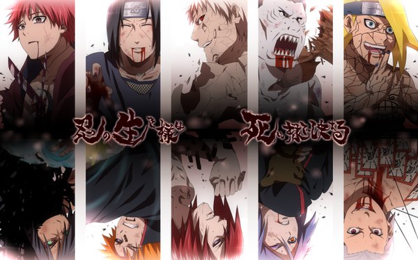 Anime picture 1286x802 with naruto studio pierrot naruto (series) uchiha itachi uchiha obito deidara sasori pain (naruto) konan hidan hoshigaki kisame kakuzu nagato (naruto) hedoro long hair looking at viewer fringe short hair open mouth blue eyes