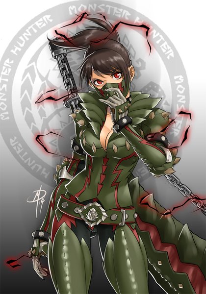 Anime picture 700x1000 with monster hunter monster hunter (character) deviljho (armor) polarityplus single tall image looking at viewer short hair light erotic black hair red eyes signed cleavage ponytail head tilt copyright name ass visible through thighs frown girl weapon