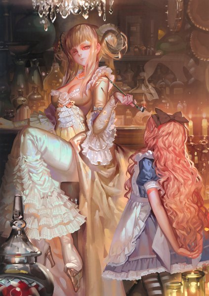 Anime picture 2326x3298 with alice in wonderland alice (wonderland) alphonse (white datura) long hair tall image fringe highres blonde hair standing sitting multiple girls brown eyes blunt bangs horn (horns) from behind scan official art short sleeves high heels puffy sleeves