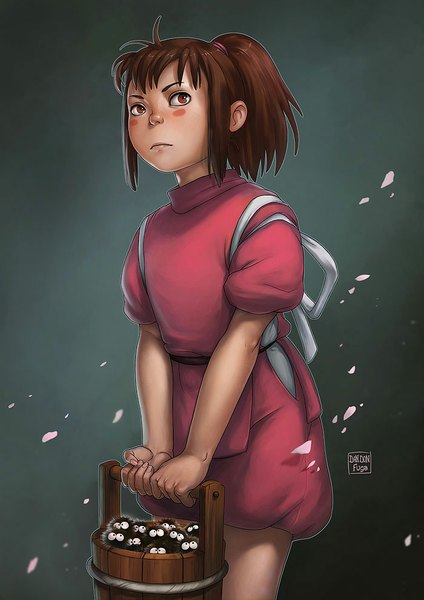 Anime picture 700x990 with spirited away studio ghibli ogino chihiro dandon fuga single tall image blush short hair simple background red eyes brown hair ponytail realistic freckles girl clothes