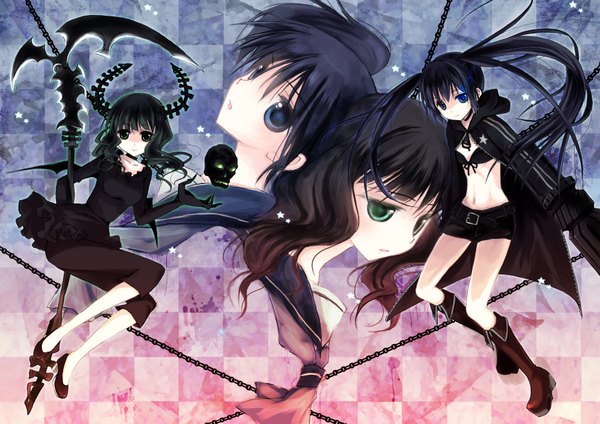 Anime picture 3508x2481 with black rock shooter black rock shooter (character) dead master kuroi mato takanashi yomi long hair highres blue eyes black hair twintails multiple girls green eyes absurdres very long hair midriff glowing glowing eye (eyes) pale skin girl weapon
