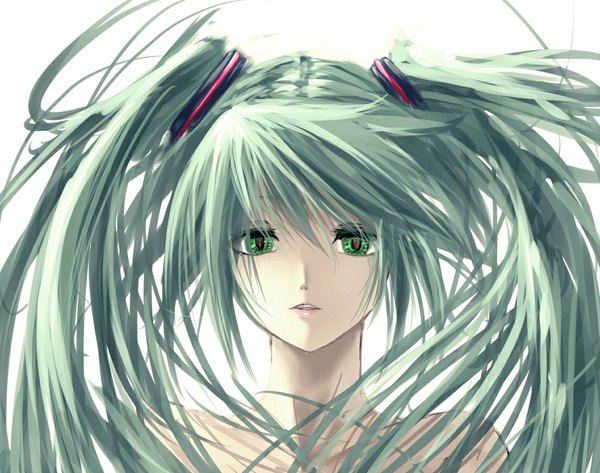 Anime picture 1143x902 with vocaloid hatsune miku single long hair simple background white background twintails bare shoulders green eyes aqua hair close-up girl