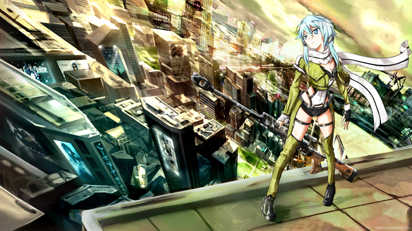 Anime picture 1920x1080 with sword art online a-1 pictures asada shino dalex12 single fringe highres short hair breasts blue eyes wide image blue hair looking away cleavage wallpaper city cityscape perspective girl gloves