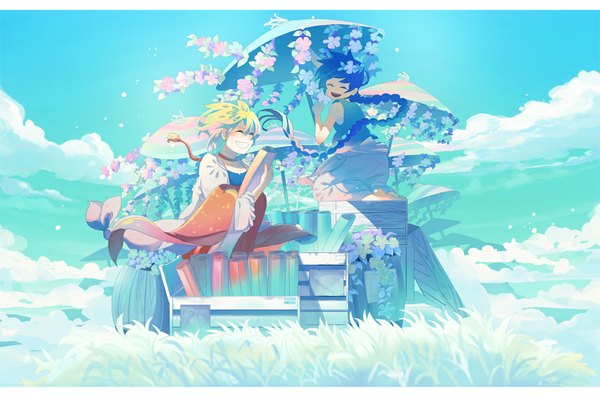 Anime picture 1000x660 with magi the labyrinth of magic a-1 pictures aladdin (magi) ali baba saluja mikabu long hair short hair open mouth blonde hair smile bare shoulders blue hair sky cloud (clouds) braid (braids) eyes closed barefoot multiple boys boy flower (flowers)