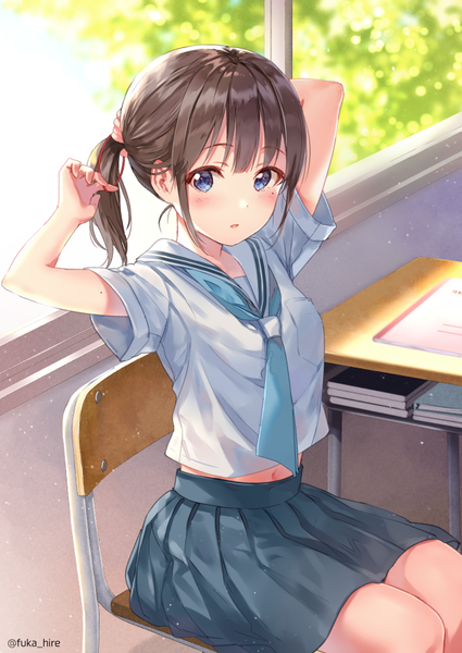 Anime picture 627x885 with original fukahire (ruinon) single long hair tall image looking at viewer blush fringe blue eyes brown hair sitting signed payot bent knee (knees) ponytail indoors parted lips pleated skirt sunlight arms up