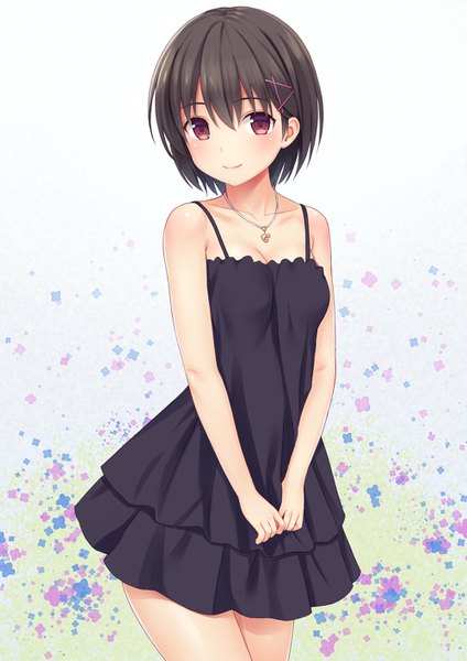 Anime picture 1000x1415 with original n.g. single tall image looking at viewer short hair black hair red eyes white background bare shoulders cleavage light smile girl dress flower (flowers) black dress pendant sundress