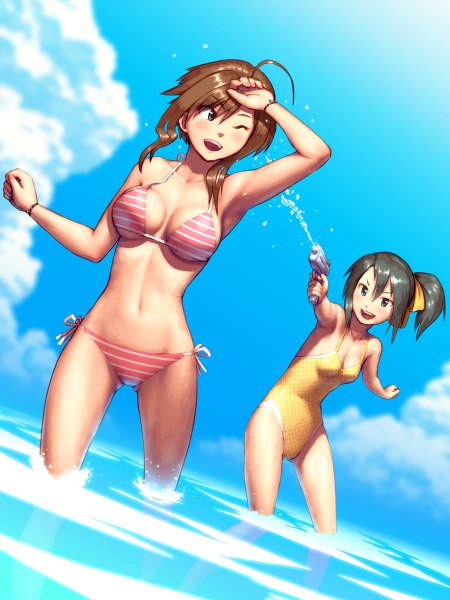 Anime picture 900x1200 with original yoshikawa hazure tall image blush short hair breasts open mouth light erotic black hair brown hair multiple girls sky cloud (clouds) ponytail one eye closed wink black eyes side ponytail girl navel