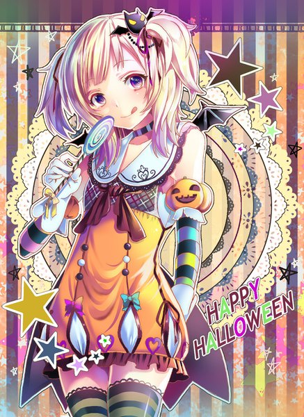 Anime picture 800x1096 with original okutani toro single tall image short hair blonde hair purple eyes two side up halloween :p happy halloween girl thighhighs dress gloves hair ornament wings elbow gloves food sweets