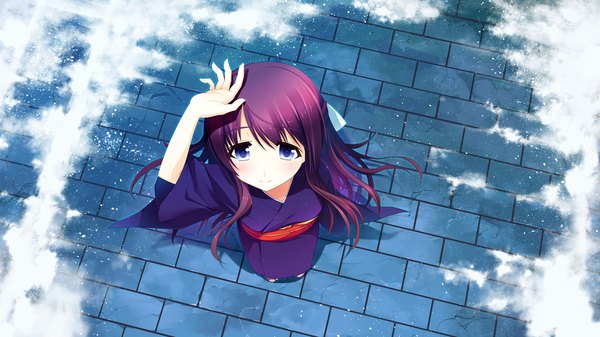 Anime picture 1280x720 with hyouka no mau sora ni mio (hyouka no mau sora ni) long hair blue eyes wide image game cg purple hair japanese clothes girl kimono