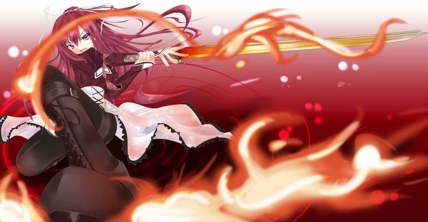 Anime picture 2303x1200 with 11 eyes doga kobo kusakabe misuzu long hair highres wide image purple eyes red hair dress sword boots frills fire