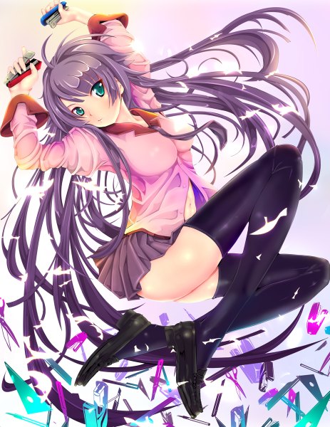 Anime picture 926x1200 with bakemonogatari shaft (studio) monogatari (series) senjougahara hitagi teruru single tall image blush light erotic simple background green eyes looking away purple hair full body very long hair girl thighhighs skirt navel uniform