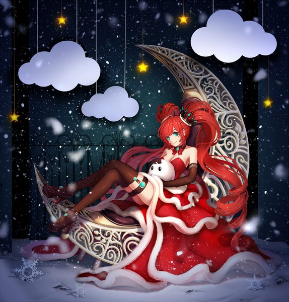 Anime picture 1100x1150 with original jurrig single tall image looking at viewer blue eyes light erotic twintails bare shoulders red hair very long hair drill hair snowing girl thighhighs gloves black thighhighs elbow gloves star (symbol) snowflake (snowflakes)