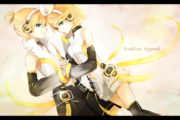 Anime picture 1200x800 with vocaloid vocaloid append kagamine rin kagamine len kagamine rin (append) kagamine len (append) tama (songe) blonde hair smile green eyes profile inscription holding hands letterboxed girl boy hair ornament bow hair bow detached sleeves