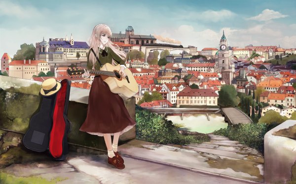 Anime picture 3507x2188 with original yong kit lam single long hair fringe highres blonde hair smile wide image looking away absurdres sky cloud (clouds) city cityscape silver eyes hat removed girl skirt plant (plants)