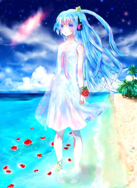 Anime picture 1097x1500 with vocaloid hatsune miku long hair tall image blue eyes blue hair sky cloud (clouds) beach girl petals water headphones sea star (stars) sundress