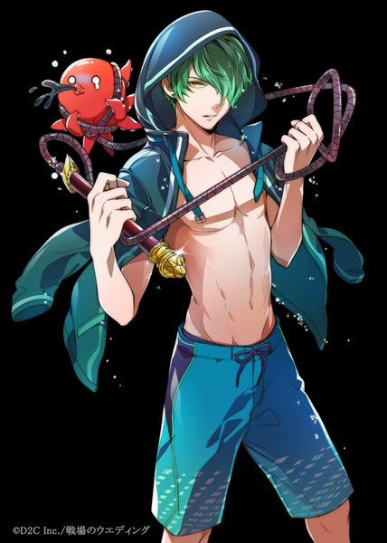 Anime picture 571x800 with original iyutani single tall image looking at viewer fringe short hair simple background holding yellow eyes green hair open clothes open jacket bare belly black background boy navel animal jacket hood