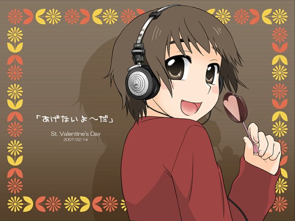 Anime picture 1024x768 with headphone + musume ootsuka mahiro single looking at viewer short hair open mouth smile brown hair brown eyes :d dated valentine girl food sweets headphones candy lollipop