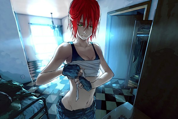 Anime picture 800x537 with fisheye placebo robin soloviev yuumei single short hair breasts bare shoulders holding green eyes red hair indoors bare belly checkered floor floor glow girl gloves navel window fingerless gloves