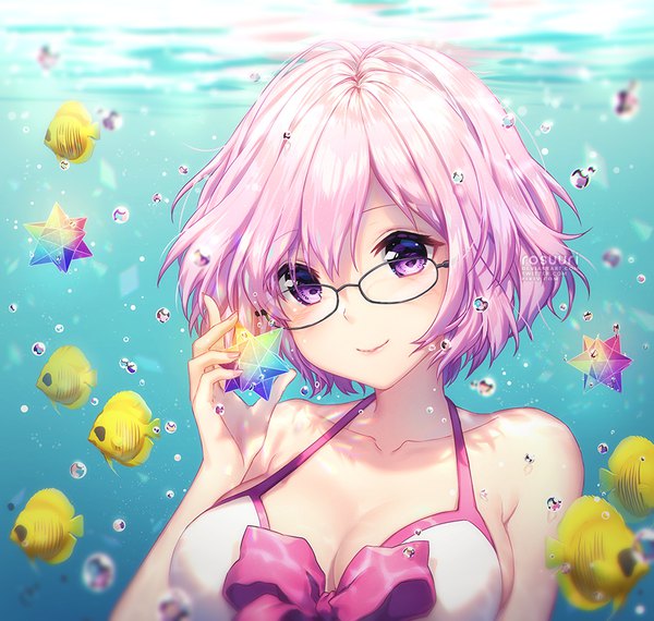 Anime picture 900x855 with fate (series) fate/grand order mash kyrielight mash kyrielight (swimsuit of perpetual summer) rosuuri single looking at viewer short hair breasts light erotic smile large breasts purple eyes holding pink hair underwater girl glasses headphones