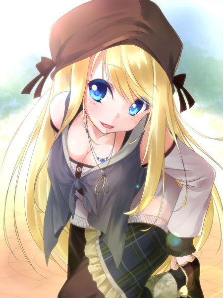 Anime picture 900x1200 with girlfriend (kari) chloe lemaire kochipu single long hair tall image looking at viewer blush open mouth blue eyes blonde hair smile cleavage girl dress pendant cap
