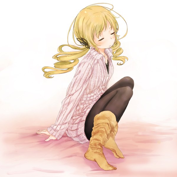 Anime picture 2000x2000 with mahou shoujo madoka magica shaft (studio) tomoe mami abe kanari single long hair blush highres blonde hair sitting twintails eyes closed drill hair girl pantyhose socks sweater