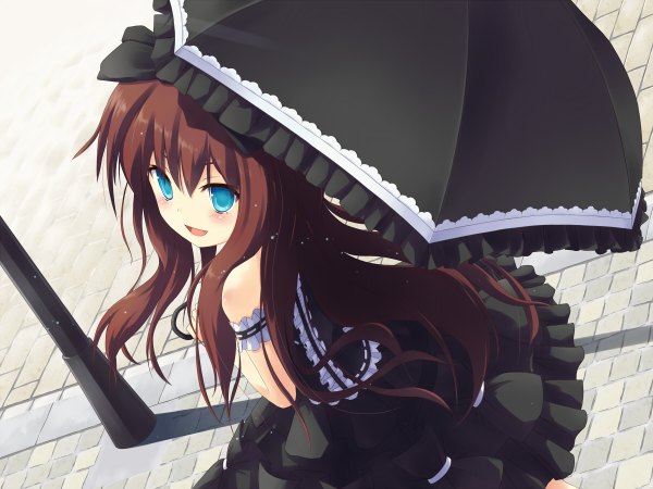 Anime picture 1200x900 with original nanahan (artist) single long hair blush open mouth blue eyes brown hair bare shoulders looking back from above goth-loli gothic girl dress umbrella