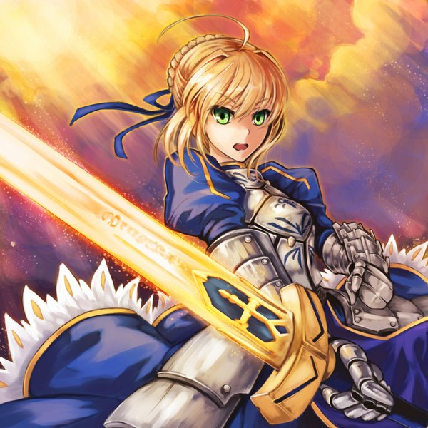 Anime picture 1000x1000 with fate (series) fate/zero type-moon artoria pendragon (all) saber ks single looking at viewer short hair open mouth blonde hair green eyes girl gloves ribbon (ribbons) weapon hair ribbon sword armor