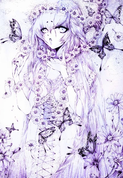 Anime picture 695x1000 with original charmal (pixiv) single tall image looking at viewer open mouth very long hair monochrome girl dress flower (flowers) petals insect butterfly wreath