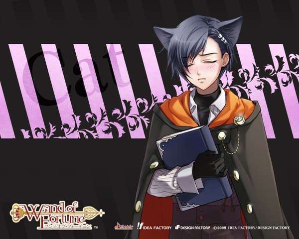 Anime picture 1280x1024 with wand of fortune idea factory est rinaudo usuba kagerou single blush fringe short hair black hair animal ears eyes closed inscription official art boy gloves uniform hair ornament school uniform hairclip book (books)