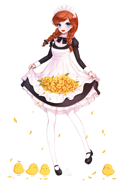 Anime picture 1000x1498 with frozen (disney) disney anna (frozen) ango single long hair tall image looking at viewer open mouth blue eyes simple background brown hair standing white background full body braid (braids) maid twin braids girl uniform
