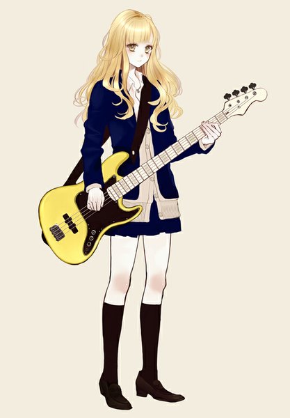 Anime picture 557x800 with original shikishima (eiri) single long hair tall image looking at viewer fringe simple background blonde hair standing yellow eyes pleated skirt open clothes open jacket wavy hair girl skirt jacket buttons guitar
