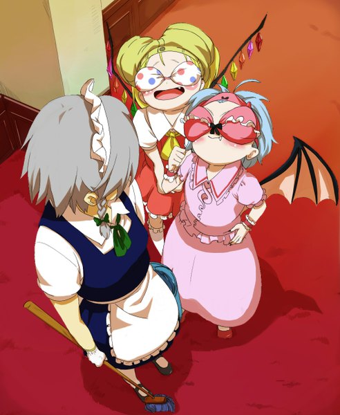 Anime picture 1050x1280 with touhou flandre scarlet remilia scarlet izayoi sakuya senzo (soken) tall image blush fringe open mouth blonde hair smile standing multiple girls blue hair braid (braids) from above grey hair maid hand on hip twin braids