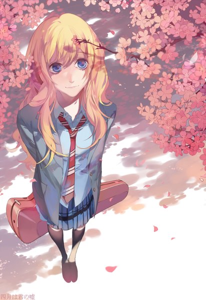 Anime picture 1200x1744 with shigatsu wa kimi no uso a-1 pictures miyazono kaori dj.adonis single long hair tall image breasts blue eyes blonde hair smile standing holding from above shadow hands behind back open collar girl uniform flower (flowers)
