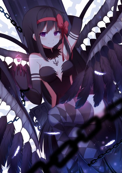 Anime picture 800x1131 with mahou shoujo madoka magica shaft (studio) akemi homura riki-to single long hair tall image looking at viewer blush black hair smile purple eyes crossed legs girl dress gloves bow hair bow wings elbow gloves