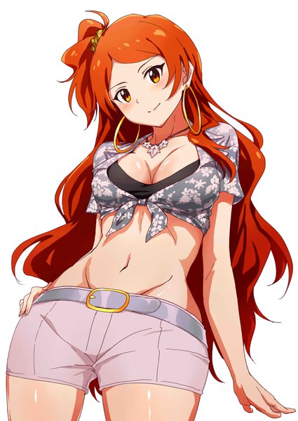 Anime picture 2149x3035 with idolmaster idolmaster million live! oogami tamaki ayano yuu (sonma 1426) single long hair tall image highres breasts light erotic simple background large breasts white background cleavage orange hair from below midriff orange eyes hand on hip one side up