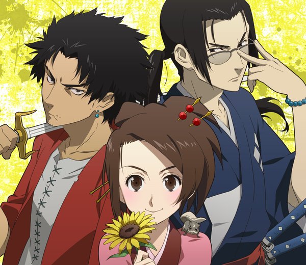 Anime picture 1152x1000 with samurai champloo mugen (samurai champloo) jinnosuke fuu (samurai champloo) tetsukuzu tetsuko long hair looking at viewer blush short hair black hair smile brown hair holding brown eyes ponytail traditional clothes japanese clothes black eyes multiple boys weapon over shoulder