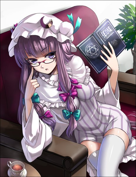 Anime picture 700x907 with touhou patchouli knowledge takemori shintarou single long hair tall image looking at viewer fringe breasts open mouth sitting purple eyes holding purple hair blunt bangs long sleeves wide sleeves zettai ryouiki crossed legs striped