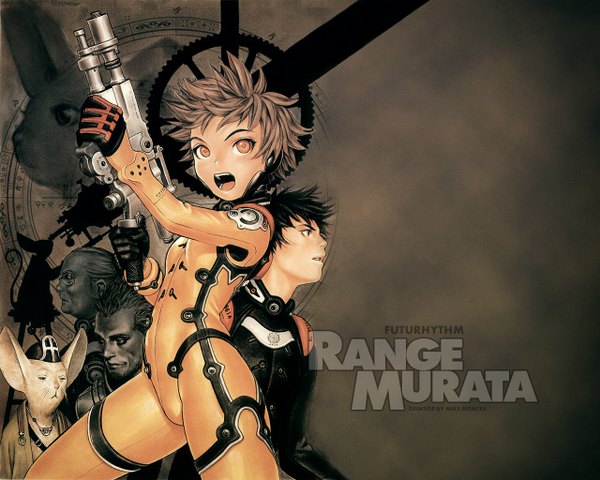 Anime picture 1280x1024 with range murata looking at viewer short hair open mouth black hair brown hair multiple girls signed multiple boys orange eyes border flat chest third-party edit cropped extended girl boy weapon 2 girls gun