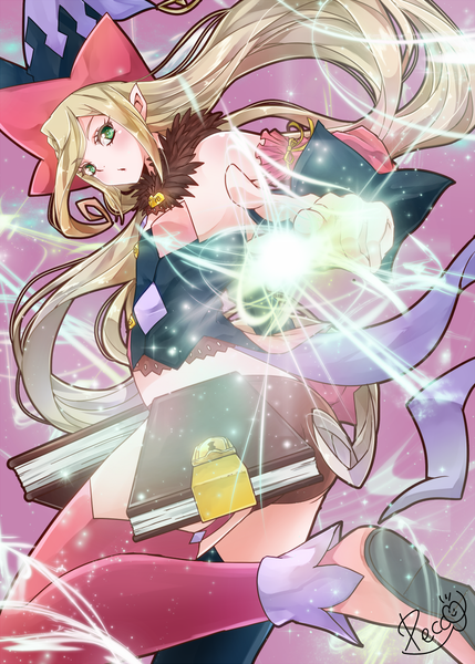 Anime picture 900x1258 with tales of (series) tales of berseria magilou (tales) pecco (pecco297) single long hair tall image looking at viewer blush blonde hair bare shoulders green eyes signed bent knee (knees) pointy ears fur trim magic pink background leg lift (legs lift) different thighhighs