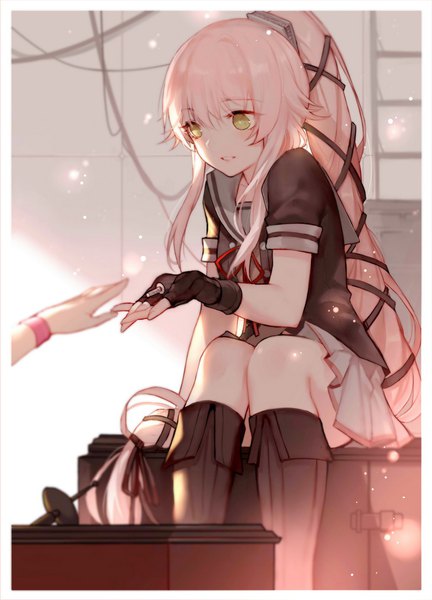Anime picture 778x1080 with kantai collection yura light cruiser joseph lee tall image blush fringe hair between eyes sitting holding yellow eyes payot pink hair ponytail very long hair pleated skirt arm support short sleeves border solo focus outstretched hand