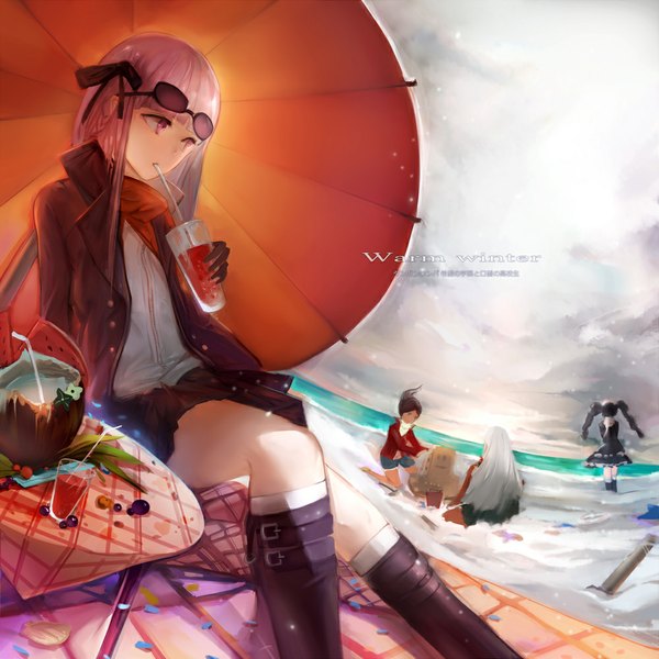 Anime picture 1000x1000 with dangan ronpa kirigiri kyouko celestia ludenberg asahina aoi oogami sakura qqwew00123 fringe black hair brown hair standing sitting purple eyes twintails multiple girls holding purple hair cloud (clouds) white hair braid (braids) pleated skirt