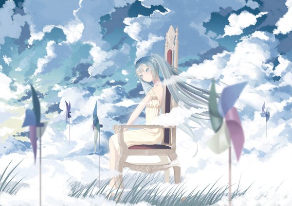 Anime picture 2092x1479 with vocaloid hatsune miku throtem single long hair looking at viewer highres blue eyes sitting twintails blue hair sky cloud (clouds) barefoot wind girl dress plant (plants) grass sundress