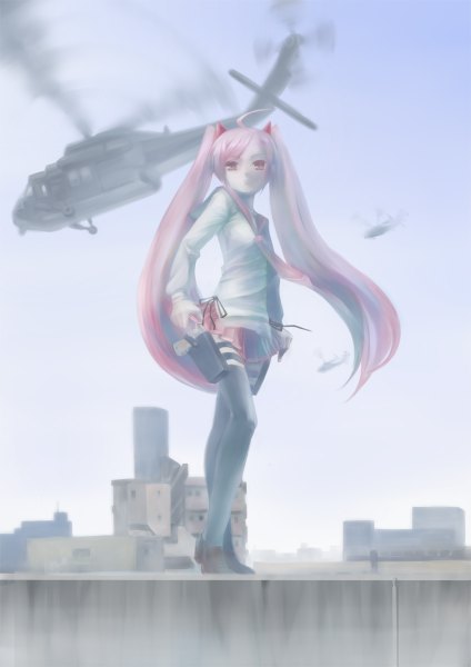 Anime picture 848x1200 with hidan no aria kanzaki h aria rin2008 single long hair tall image looking at viewer fringe breasts red eyes standing twintails pink hair sky cloud (clouds) full body ahoge bent knee (knees) pleated skirt city