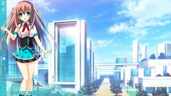 Anime picture 1920x1080 with tagme (artist) single long hair looking at viewer highres blue eyes brown hair wide image sky cloud (clouds) city cityscape girl skirt uniform plant (plants) school uniform tree (trees) building (buildings)