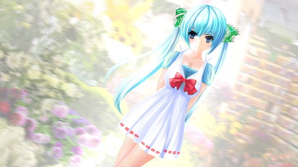 Anime picture 1600x900 with original furai (blay) single long hair looking at viewer blue eyes wide image blue hair girl dress flower (flowers) bow hair bow
